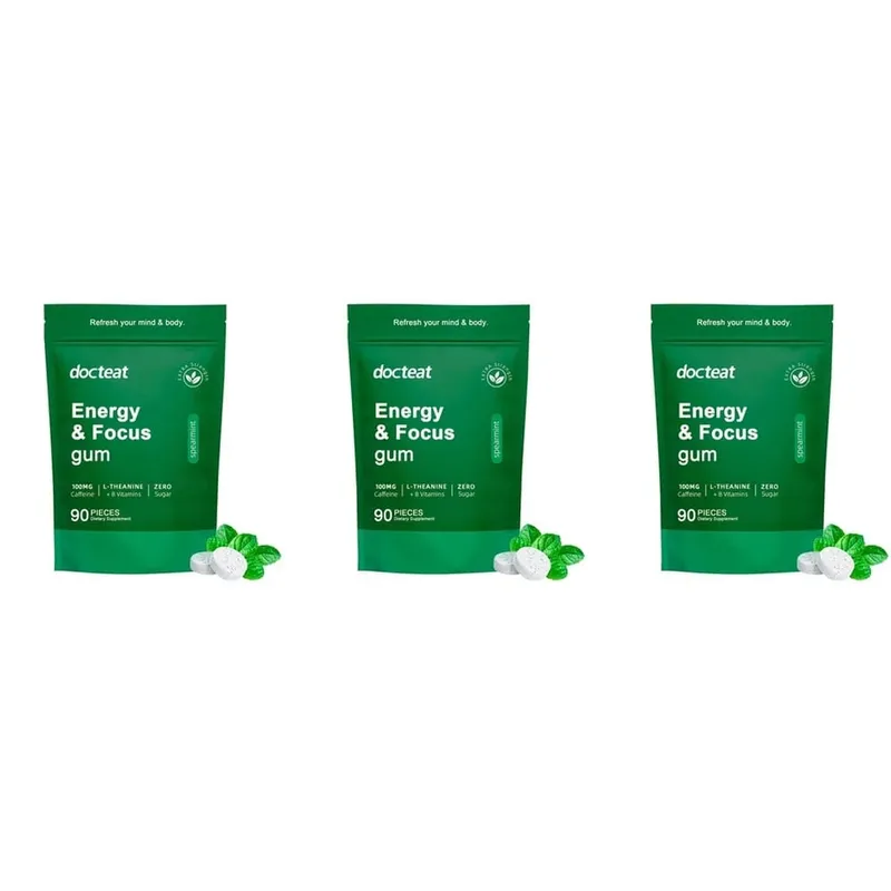 Docteat Energy & Focus Gum Chewable Tablets Zero Sugar with Green Coffee Extract L-Theanine Vitamin B6+B12 90 Chewable Tablets