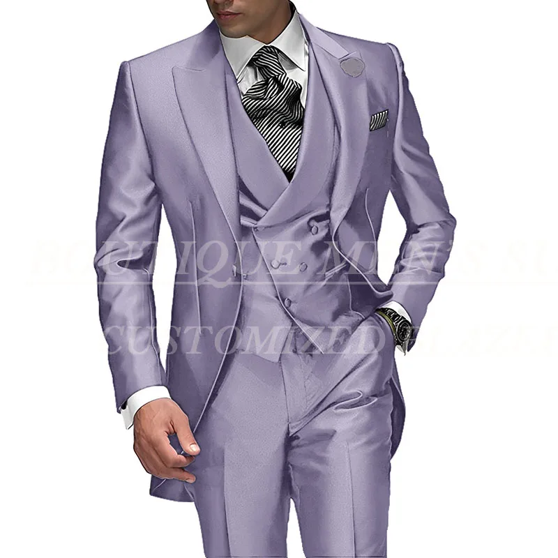 2026 Best Selling Peak Lapel Single Breasted Men Wedding Suits Purple Groom Tuxedo For Men Prom Suits Groomsman Jacket+Pant+Vest