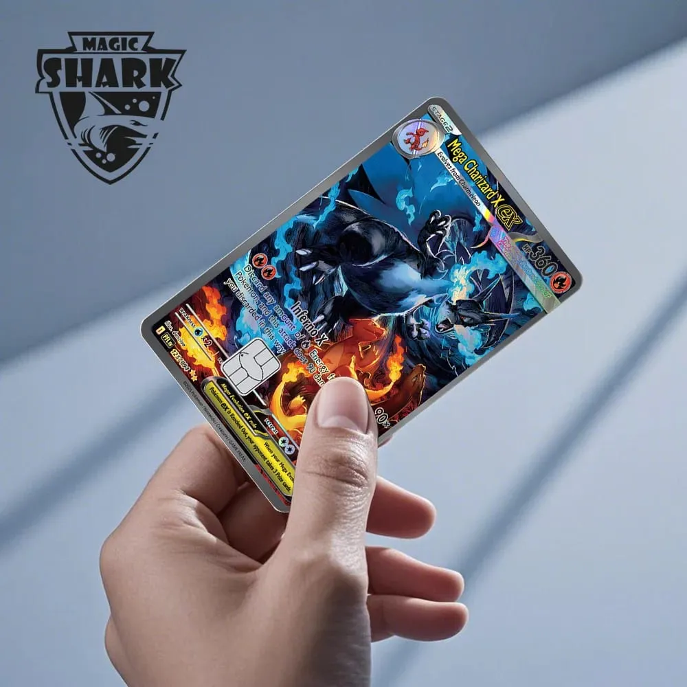 Magic Shark Mew Charizard EX Eevee Gengar Pikachu TCG Αυτοκόλλητο με ολογραφικό δέρμα λέιζερ για τραπεζική πιστωτική κάρτα