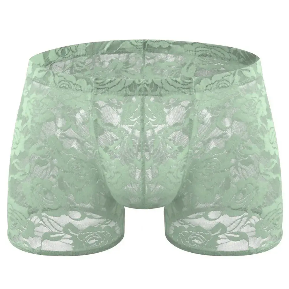 Men See Through Lace Boxer Shorts Bulge Pouch Low Waist Underwear Solid Panties Elastic Waist Breathable Transparent Underwear — image 11