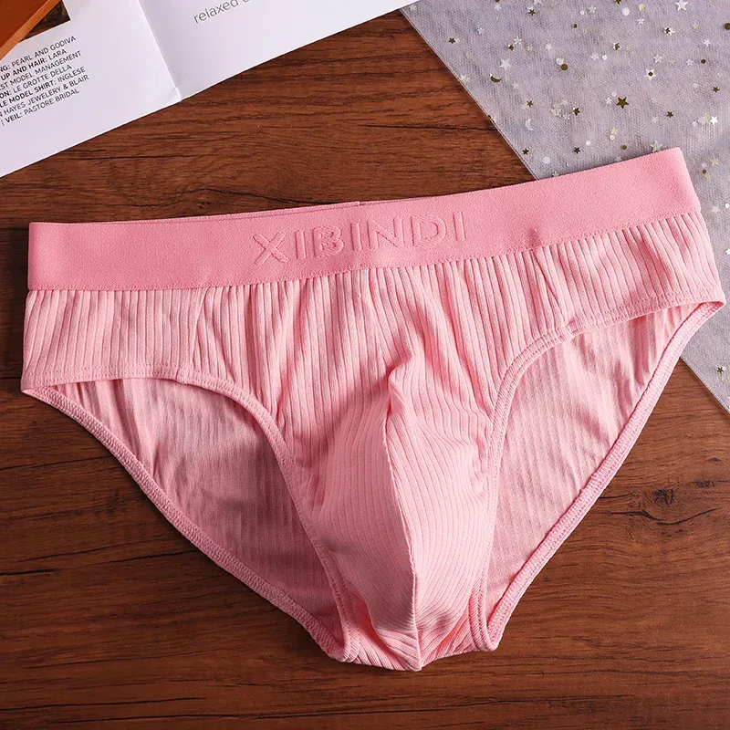 3-Piece Men's Cotton Ribbed Briefs Set - "XIBINDI" Embossed Waistband Underwear (Blue/Gray/Pink) — image 4