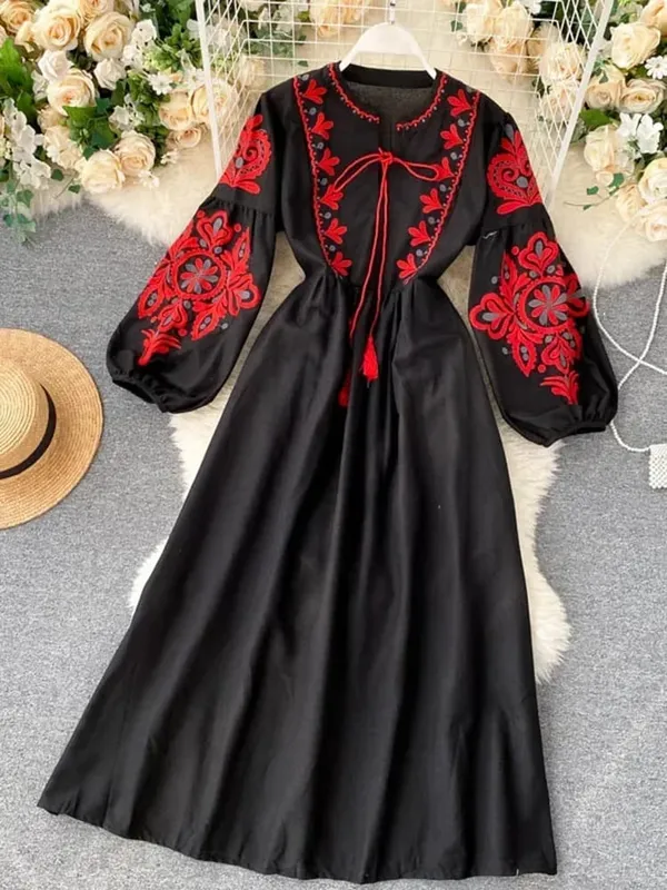 Women Autumn Dresses Bohemian Embroidered Flower O-Neck Lantern Sleeve High Waist Pleated Dress All-match Female Vestidos PL393 — image 6