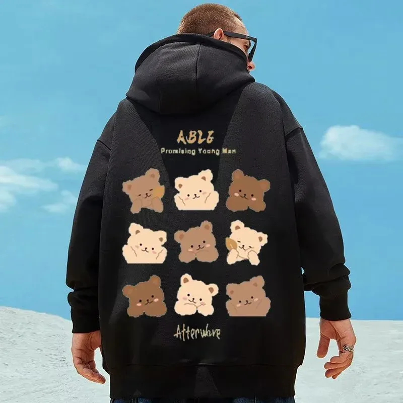 M-8XL estilo americano rua marrom bonito urso impressão oversized moletom com capuz casal estudante grande macio veludo com capuz camisola — image 1