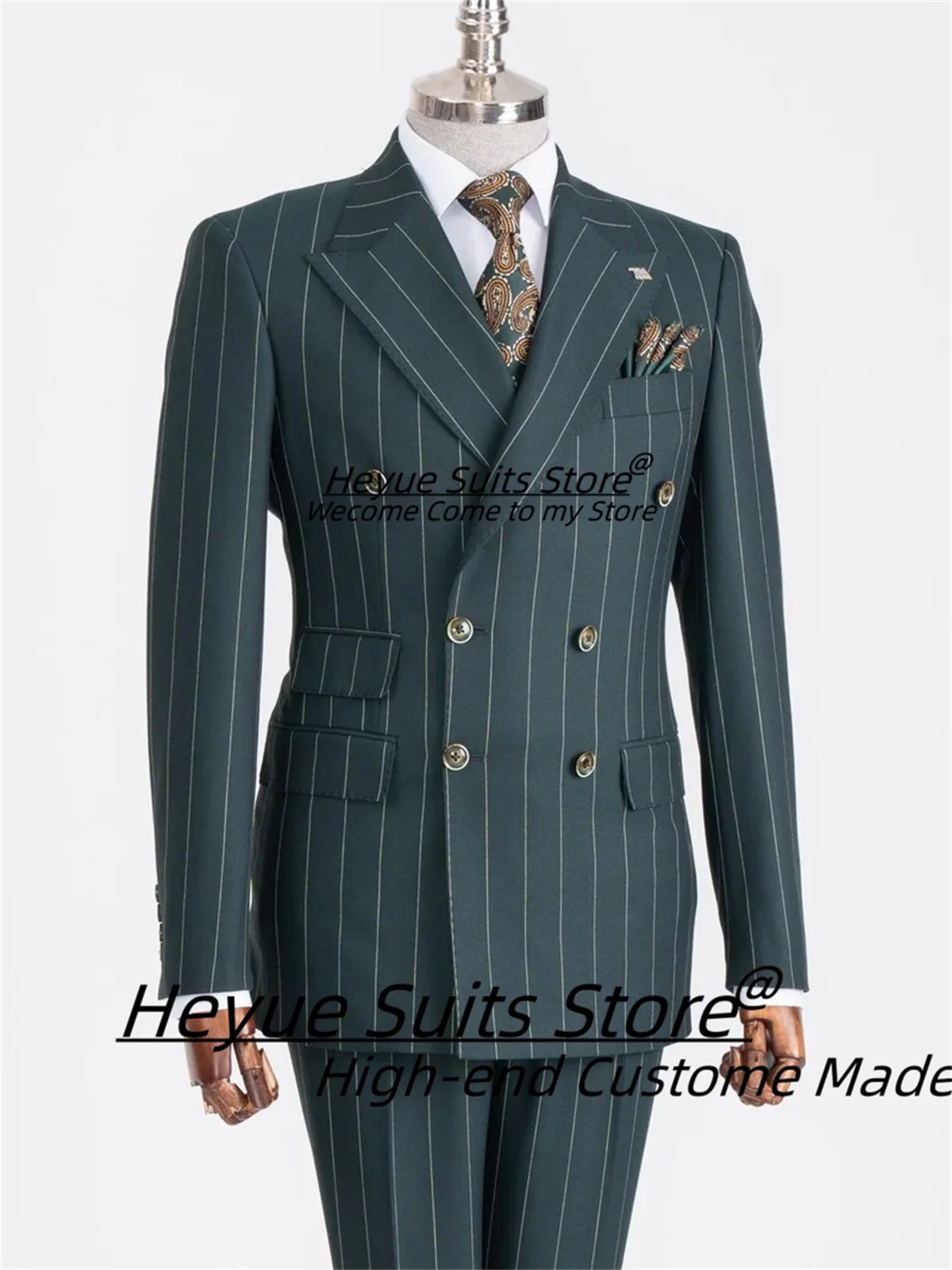 Handsome French style Stripe Men Suits Slim Fit Double Breasted Groom Tuxedos 2 Pieces Sets Classic Male Blazers Ropa Hombre