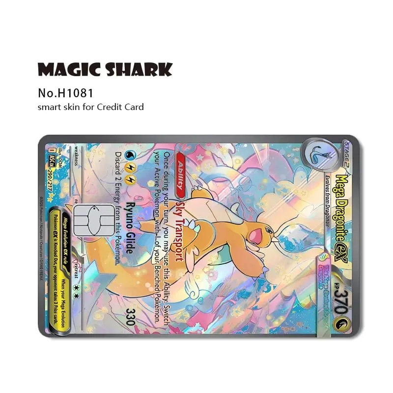 Magic Shark Mew Charizard EX Eevee Gengar Pikachu TCG Αυτοκόλλητο με ολογραφικό δέρμα λέιζερ για τραπεζική πιστωτική κάρτα