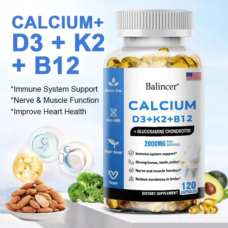 Balincer ויטמין D3+K2+B12 2000 מ"ג כמוסות לתמיכת עצם חיסונית וסידן 120 כמוסות ללא GMO