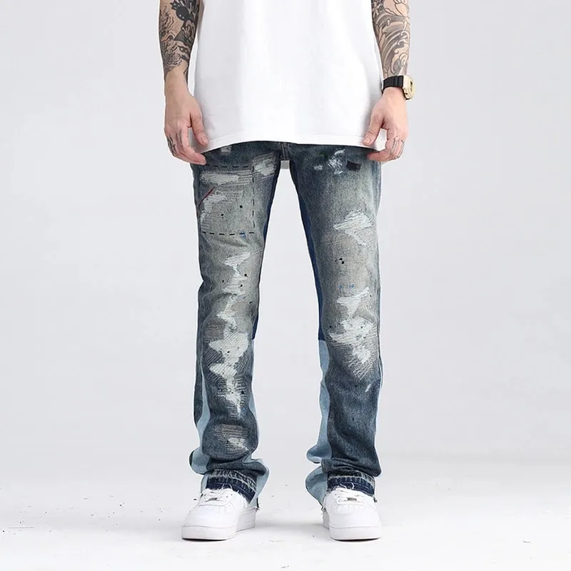 Blue Speckle Ink Washed Flared Jeans Slim Fit Hip Hop Graffiti Ripped Denim Παντελόνι Ανδρικό Streetwear Vintage Φαρδύ τζιν παντελόνι Y2k