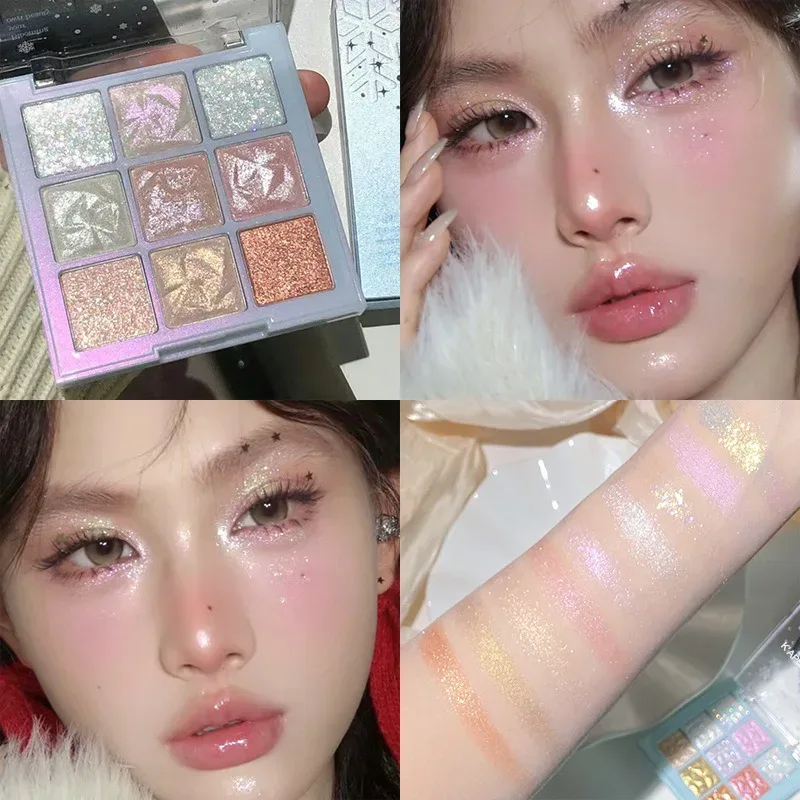 Παλέτα σκιών ματιών Glitter 9 χρωμάτων Earth Color Pearlescent Eye Shadow Shimmer Highlights Sparkling Sequin Champagne Eyes Makeup — image 6