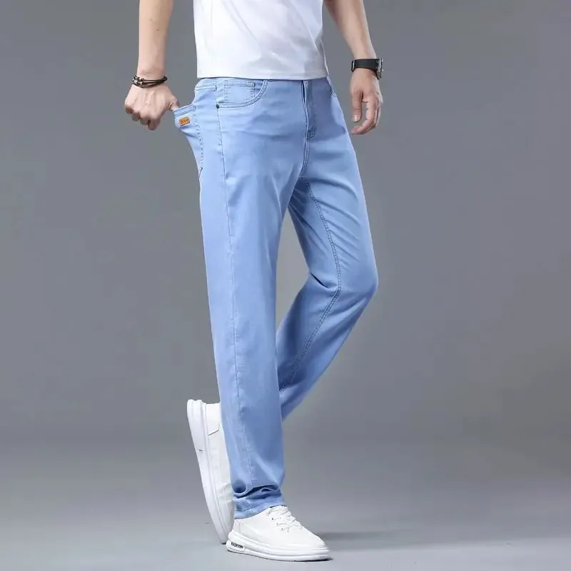 2025 Summer New Men's Sky Blue Slim Stretch Jeans Lyocell Thin Style Fashion Casual Ice Silk Denim Pants Male Brand Trousers