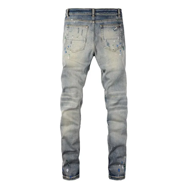 גברים צבועים בגזרת ג'ינס אופנוען ג'ינס Streetwear חורים פצועים טלאים קרעים מכנסיים במצוקה מכנסיים סקיני מחודדים