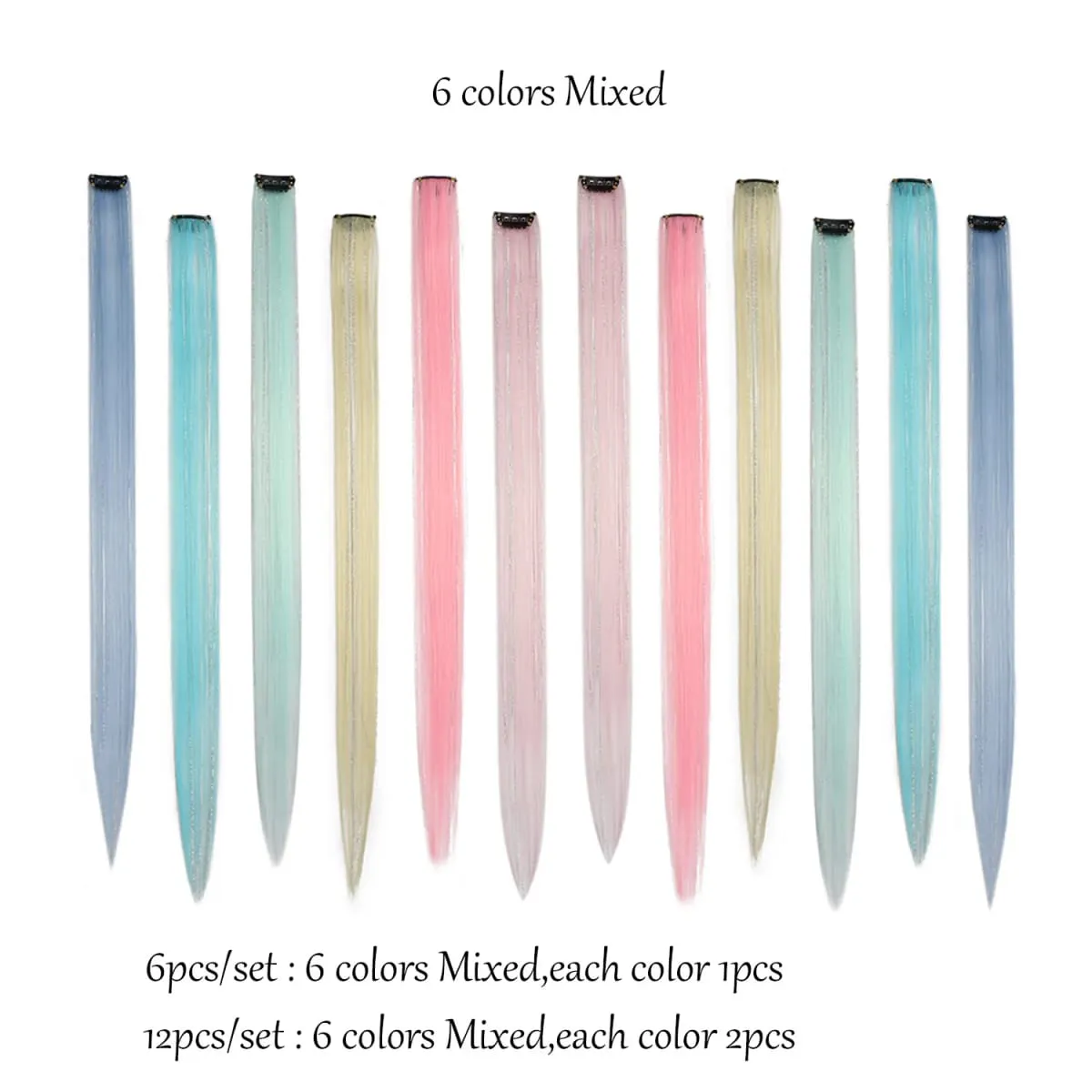 Multicolor Clip in Hair Extensions Mix talmi Színes hajhosszabbítás 2 az 1-ben szivárványos haj ezüst talmákkal gyerekeknek, lányoknak