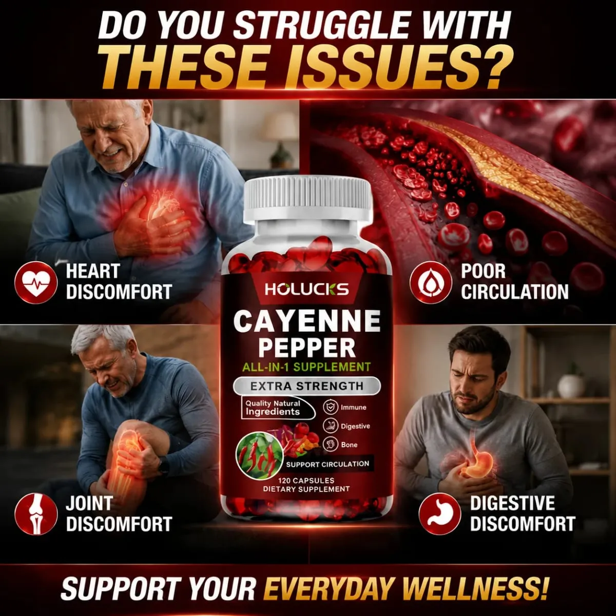 Cayenne Pepper Capsules with Vitamin D3 K2 Blood Circulation Promote Digestion Boost Metabolism Support Joint Bone Health