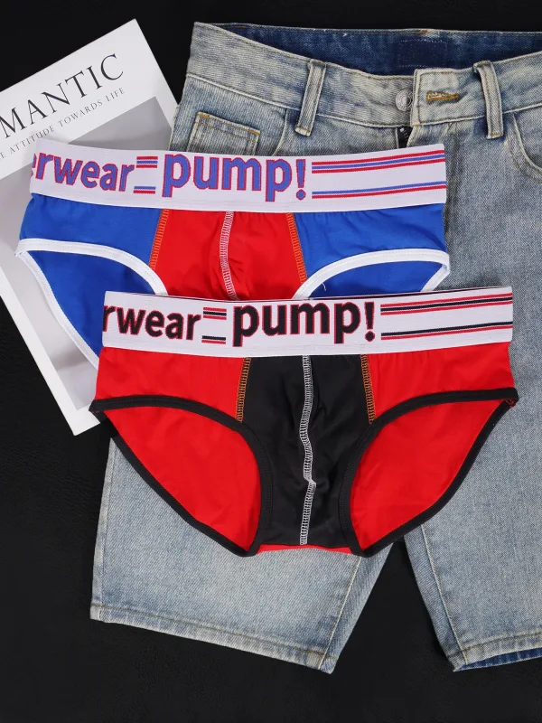Men's Cotton Color Block Briefs, Pump! Logo Wide Waistband Low Rise Sexy 3D Convex Pouch Underwear 3256813080433415 — image 2