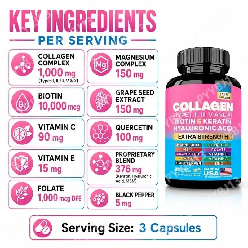 Collagen Biotin Keratin Hyaluronic Acid Capsules Extra Strength with Vitamin A C E and Zinc Skin Health 90 Κάψουλες — image 3
