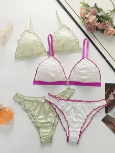 2 ensembles de lingerie triangulaire en satin pour femmes, soutien-gorge à fermeture frontale sans fil avec bordure à volants, ensemble soutien-gorge et culotte doux et confortable pour le quotidien