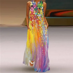 Abito senza maniche sexy con scollo a V per le donne Vestito estivo alla moda estivo Abiti lunghi con stampa retrò con abito maxi tascabile Abiti femme