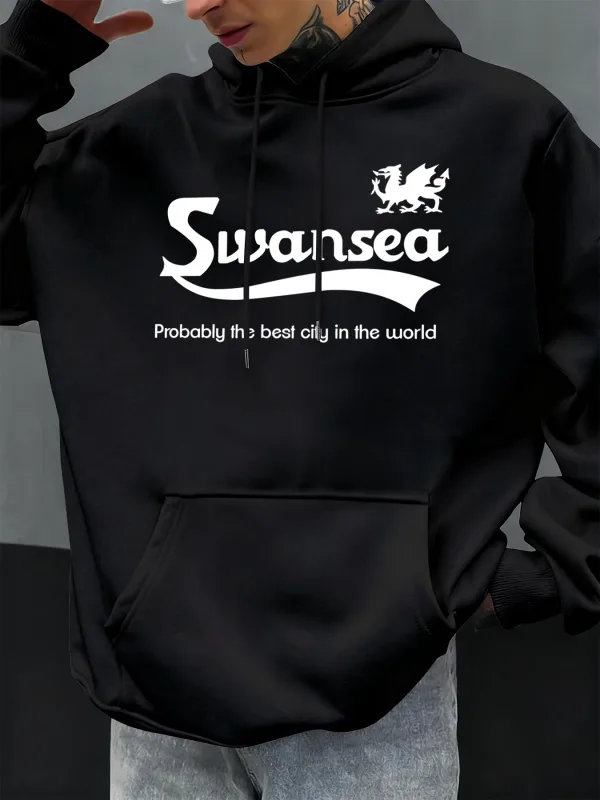 Swansea The Best City Letter Design Autunno da uomo Felpa con cappuccio tascabile Felpa casual in pile morbido Pullover Hip Hop Abbigliamento Top larghi