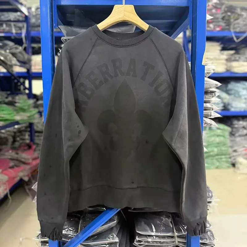 26FW Vintage Washed Carbon Gray Splash-Ink Damaged Hole Pullovers Men Women Best Quality Patchwork Saint Crewneck Sweatshirts