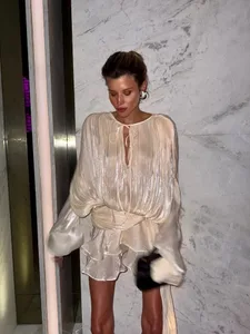 Stunning Shiny Ruffles Lace Up Mini Dress Women's Chic Loose Hollow Out A-line Pleated Vestidos Lady Summer Party Gowns 2026 New