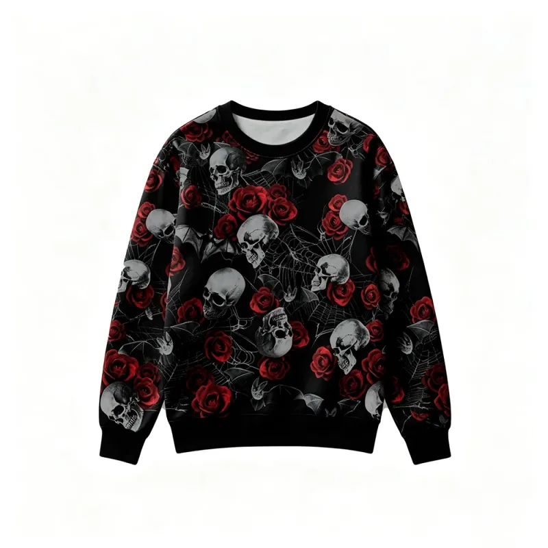 Dessuadora d'estil gòtic amb estampat de roses esquelets, jersei de coll rodó informal retro per a homes, roba de moda de carrer de hip-hop Harajuku