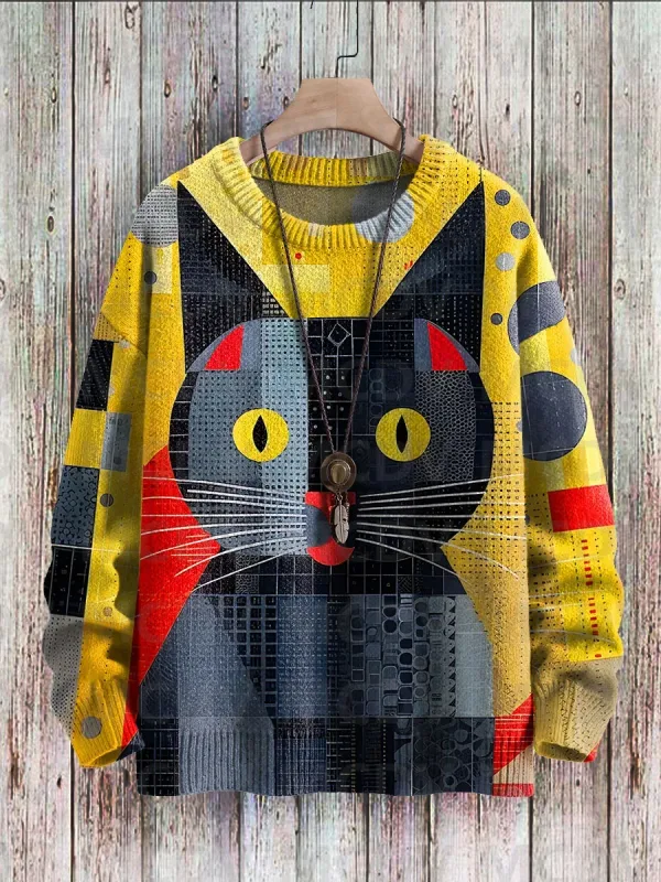 Niedlicher schwarzer Katzen-Blumen-Vögel-Kunstmuster-Druck, lässiger Strickpullover, klassischer Pullover für Herren und Damen