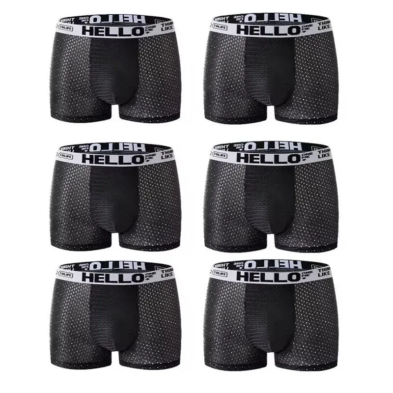 6 adet Mesh Buz Ipek Boks Şort erkek iç çamaşırı Nefes Alabilir Seksi Slim Fit ve Dikişsiz Düz Köşe Pantolon Büyük Boy
