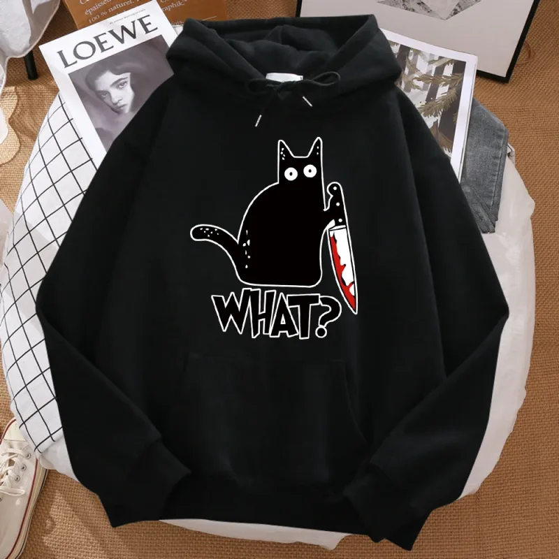 Was für eine süße kleine schwarze Katze, die ein Messer hält. Männer Hoodie Street Fleece Hoody Hipster Herbst Sweatshirt Hip Hop Kleidung Frau