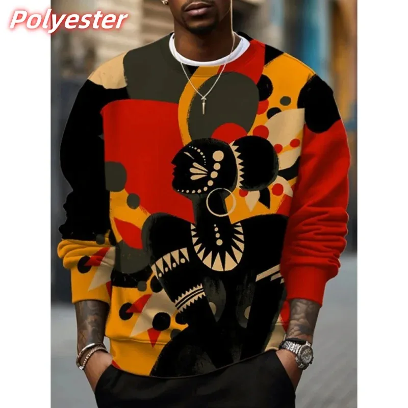 3D-printet retro Afrika etnisk hættetrøje til mænd Cool farverigt mønster sweatshirt afslappet langærmede trøjer med rund hals hættetrøjer