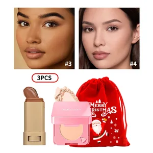 3Pcs Foundation Stick Face Pressed Powder Compact with Christmas Drawstring Bag நீண்ட கால மேட் ஃபேஸ் ஒப்பனை கிறிஸ்துமஸ் பரிசு