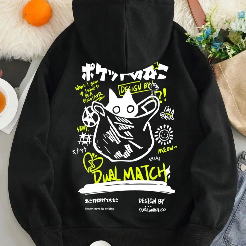 Sudadera con capucha de gato negro de estilo japonés para hombre y mujer, sudadera informal de calle para exteriores, moda deportiva, manga larga con dibujos animados, para adultos, Otoño e Invierno