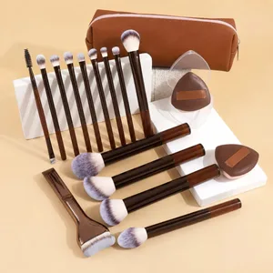 17 Buah Set Kuas Rias dengan Tas & 2 Buah Puff Foundation Powder Blush Eyeshadow Alis Kuas Bibir Hadiah Alat Kecantikan Perjalanan