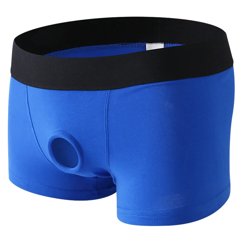 Men's Boxers Front Hole Pouch Underwear Silicone Cockring Sexy Boxershorts Wide Waistband Cotton Underpants Hollow Out Lingerie