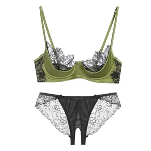 Set intimo donna mezza coppa in pizzo francese verde ultra sottile trasparente morbido e confortevole reggiseno con ferretto per busto piccolo 32‑38AB