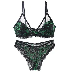 Ultratynde tykke BH-sæt 34/75 36/80 38/85 40/90 42/95 44/100 46/105 BCDE Cup Undertøj Gennemsigtigt broderi Blondelingeri