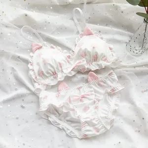 Ensemble de soutien-gorge japonais doux pour filles, design de patte de chaton mignon, tissu en soie de lait, tasse triangulaire sans fil, lingerie pour femmes