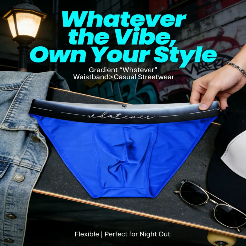 ชายผ้าไหมน้ำแข็งโพลีเอสเตอร์ Cheeky กางเกง Ombre "Whatever" สโลแกนเอว Sporty Contour Fit Low-Rise Underpants ผู้ชายชุดชั้นในเซ็กซี่