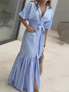 Abito da donna con volant a righe per donna Moda manica lunga Colletto rovesciato Bottone Abiti larghi con lacci Robe Femme Gonne da ufficio