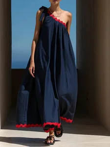 Freeacy Abito maxi da donna con bordi smerlati a contrasto rosso scuro blu scuro monospalla Abito estivo casual ampio a pieghe per le vacanze