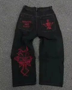 Streetwear casual preto perna larga jeans homens mulheres pesado bolso traseiro bordado detalhe moda calças soltas ajuste macio denim y2k