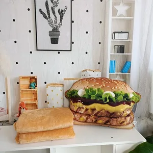 כרית המבורגר קטיפה דמוית חיים, סימולציית צעצוע ממולא מזון מהיר המבורגר כרית זרקה עם שמיכה 2 ב-1 כרית