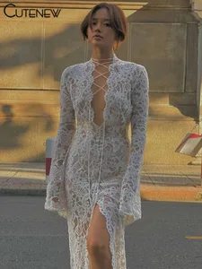 Cutenew dentelle pure femmes Robe Maxi Sexy solide mode à manches longues col rond pansement gaine robes femme superbe Robe de nuit
