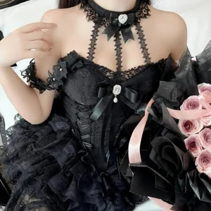 日系維多利亞甜美洛麗塔連身裙女式原宿 Y2k 蝴蝶結蕾絲掛脖晚會迷你連身裙卡哇伊黑色紅色 Deess