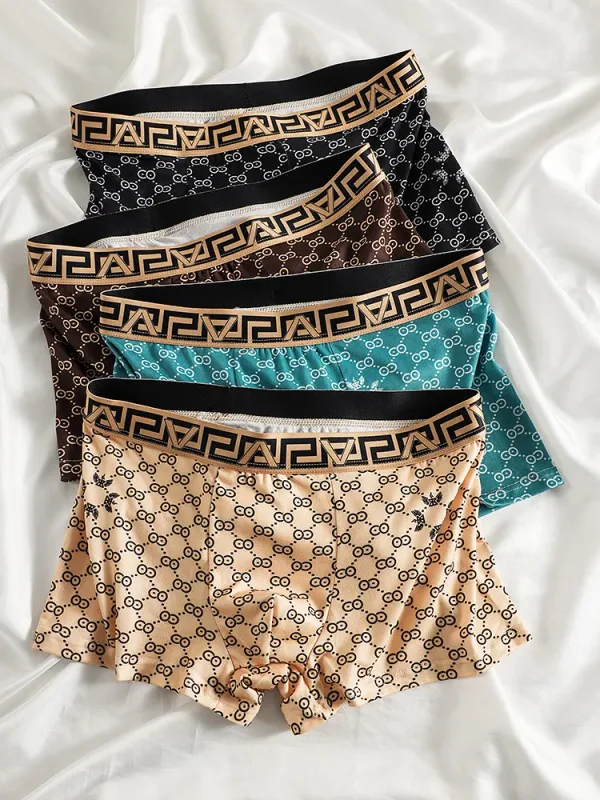 Erkek 4'lü Polyester Boxer Külot Takımı - Lüks Geometrik ve Monogram Desenli, Çok Renkli İç Giyim