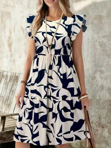 Abito longuette a strati da donna con stampa astratta blu navy con maniche a volant, girocollo, linea ad A, abito casual estivo