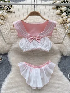 Abiti erotici trasparenti in stile giapponese con fiocco Lingerie Donna Colletto blu scuro Top senza maniche + Slip in chiffon Set di biancheria intima sexy dolce