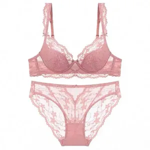Set di lingerie da donna in pizzo francese con maniche svolazzanti, morbido ferretto, coppa sottile, traspirante, sexy, bellezza, reggiseno minimizzatore sulla schiena 32-38