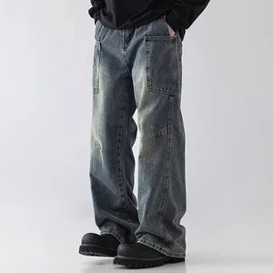 Pantalons texans de roba de treball de butxaca gran d'estil coreà Pantalons texans amples d'home blau retro Pantalons de cama recta Pantalons de cama ample casual Pantalons casuals