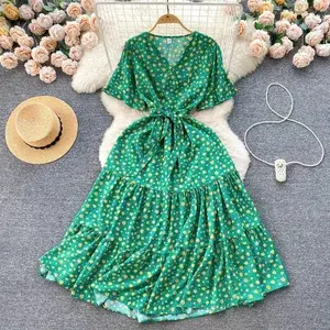 YuooMuoo Chic Fashion Vintage stampa floreale abito da donna elegante scollo a V con cintura maxi abito estivo coreano vacanza abiti da spiaggia