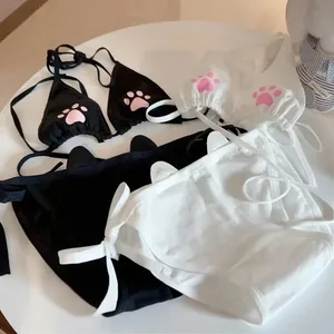 ญี่ปุ่นสไตล์Lace Up Lolitaชุดชั้นในสตรีชุดผ้าฝ้ายBreathable Kawaii Cat Clawน่ารักชุดคอสเพลย์การ์ตูนชุดชุดชั้นใน