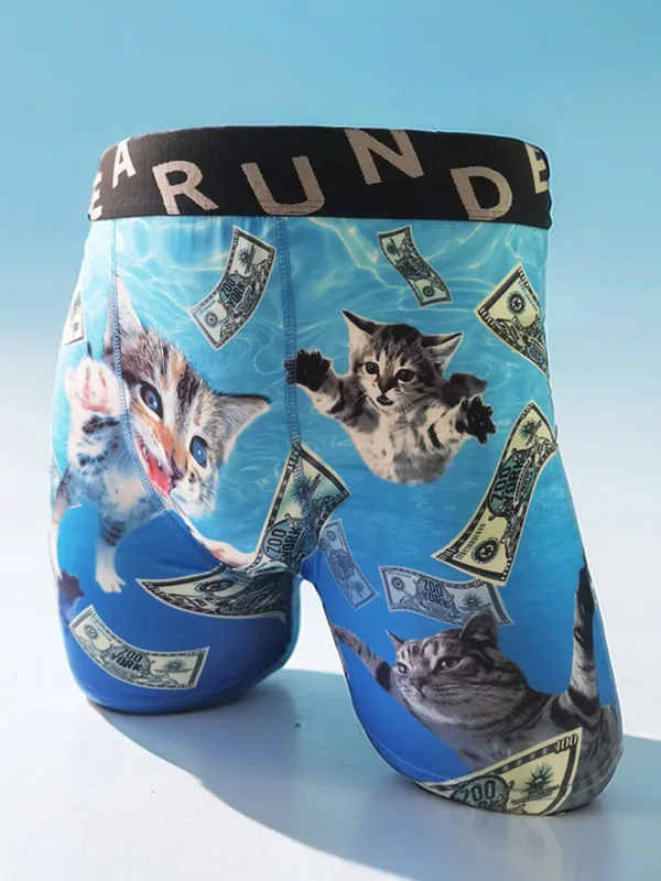 Moda Erkek 3D Kedi Baskılı Komik Desenli Tilament Pantolon Nefes Alabilir ve Rahat Hızlı Kuru Spor Boxer Külot Büyük Beden